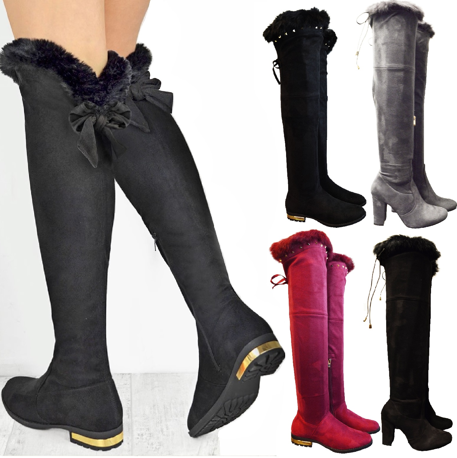 KNEE HIGH STUD FUR FLAT LOW HEEL GOLD Womens Over The Knee High Flat Ladies